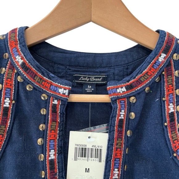 NWT Lucky Brand Boho Top Jacket Women's M Peplum Tassels Rivets Embroidered Trim - Picture 3 of 12